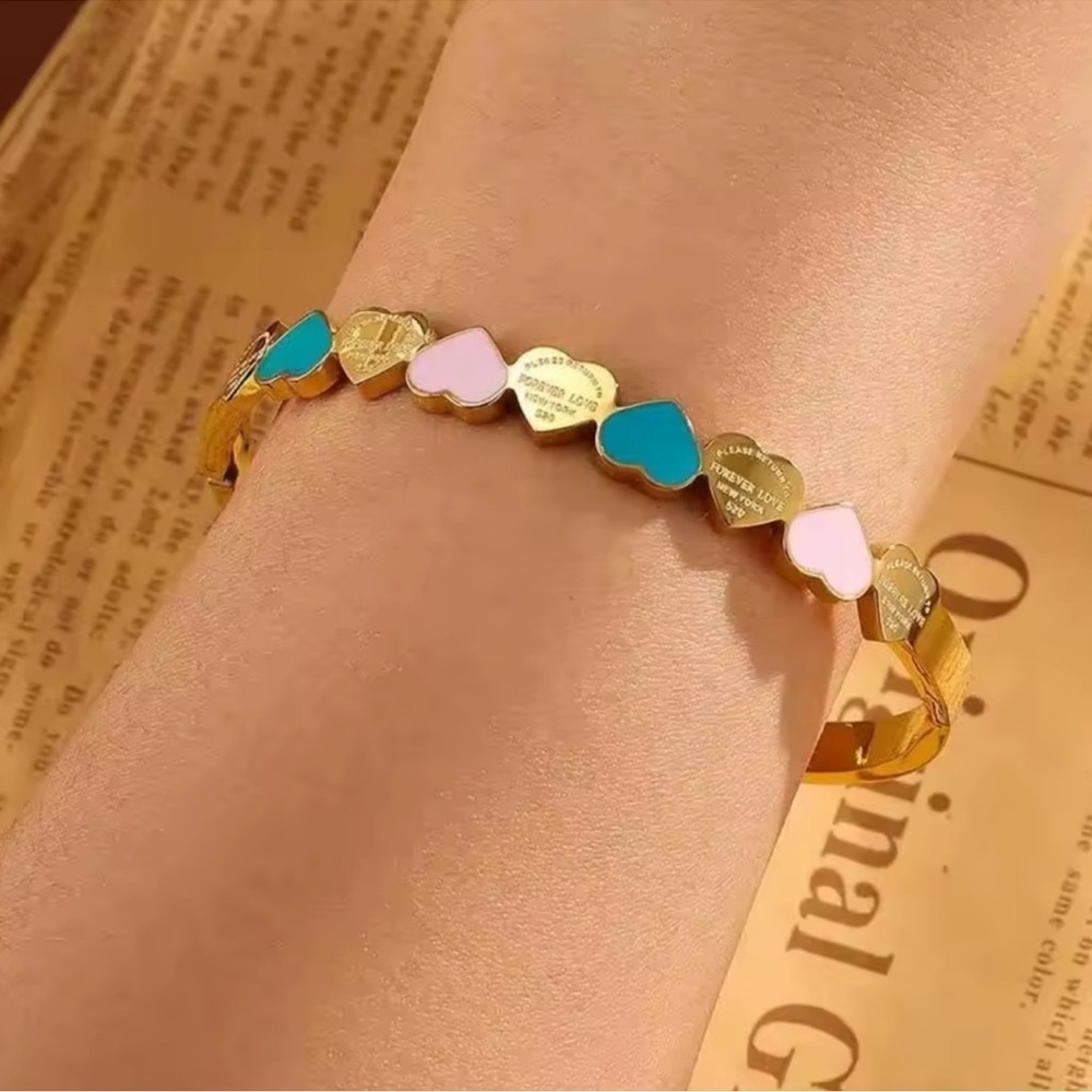 Colorful Heart Gold Bangle Bracelet - Picture 4 of 5